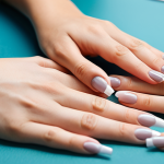A professional, female nail technician, fully clothed in a modest, smart salon uniform, meticulously applying a subtle 'micro French' nail design to a female client's hand. The client is also fully clothed in appropriate, professional attire, sitting comfortably in a modern, brightly lit nail salon. The focus is on the well-formed hands, showing intricate detail of the nail art process. The atmosphere is calm and focused. Perfect anatomy, correct proportions, natural pose, proper finger count. High-quality professional photography, soft lighting, clean background. Safe for work, appropriate content, fully clothed, family-friendly.