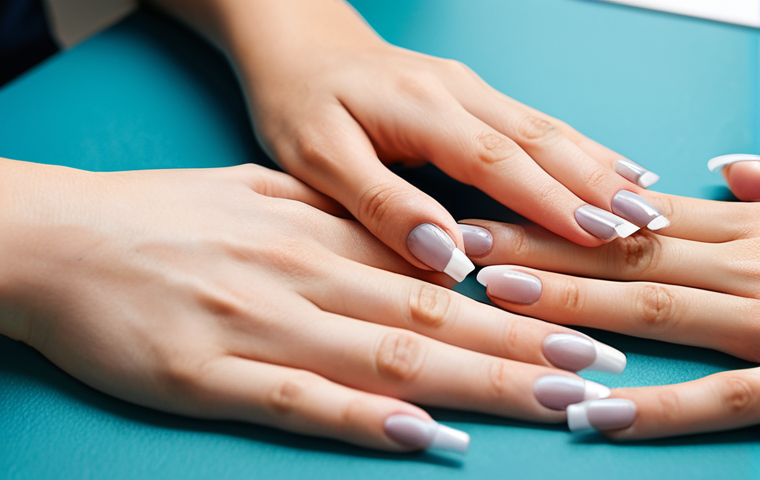 A professional, female nail technician, fully clothed in a modest, smart salon uniform, meticulously applying a subtle 'micro French' nail design to a female client's hand. The client is also fully clothed in appropriate, professional attire, sitting comfortably in a modern, brightly lit nail salon. The focus is on the well-formed hands, showing intricate detail of the nail art process. The atmosphere is calm and focused. Perfect anatomy, correct proportions, natural pose, proper finger count. High-quality professional photography, soft lighting, clean background. Safe for work, appropriate content, fully clothed, family-friendly.