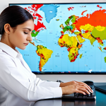 A focused professional nail artist, fully clothed in a stylish, modest uniform, sits at a sleek, modern desk, meticulously researching global beauty markets on a laptop. A subtle world map hangs in the background. Her hands are elegantly poised over the keyboard, showcasing perfect anatomy and well-formed fingers. The scene captures a moment of deep concentration and ambition. Professional photography, high-resolution, natural lighting, sharp focus. safe for work, appropriate content, fully clothed, professional, modest clothing, natural pose, correct proportions, natural body proportions.
