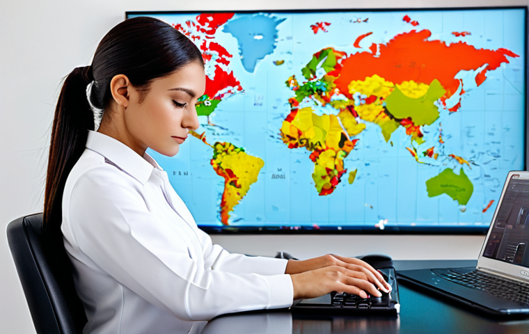 A focused professional nail artist, fully clothed in a stylish, modest uniform, sits at a sleek, modern desk, meticulously researching global beauty markets on a laptop. A subtle world map hangs in the background. Her hands are elegantly poised over the keyboard, showcasing perfect anatomy and well-formed fingers. The scene captures a moment of deep concentration and ambition. Professional photography, high-resolution, natural lighting, sharp focus. safe for work, appropriate content, fully clothed, professional, modest clothing, natural pose, correct proportions, natural body proportions.