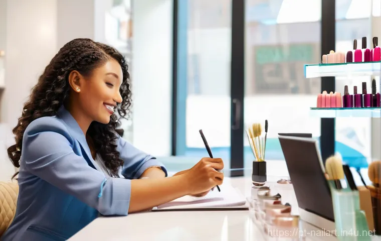 네일아트 프랜차이즈 창업 장단점 - **Prompt:** A vibrant, sunlit nail salon bustling with activity, seen from a slightly outside perspe...