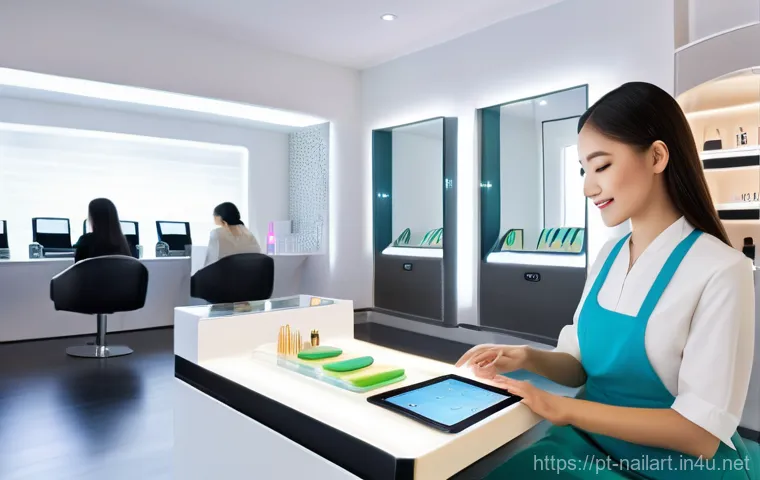 네일아트 프랜차이즈 창업 장단점 - **Prompt:** A close-up, high-angle shot focusing on a skilled nail technician, wearing a neat, profe...