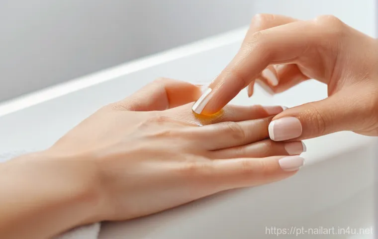 네일아트와 네일케어의 차이점 - **Prompt: Mindful Nail Care Ritual**
    "A close-up shot of elegant hands, gender-neutral, engaged ...