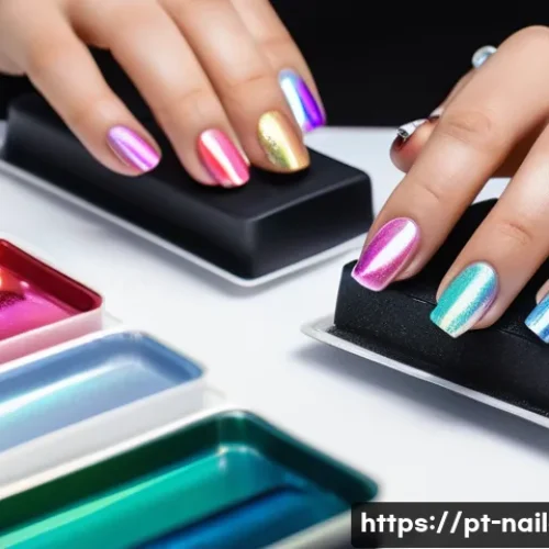 네일아트 아트 콘테스트 참여 후기 - A detailed close-up of a professional nail artist’s workspace during a competition, featuring high-q...