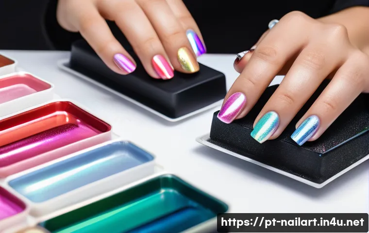 네일아트 아트 콘테스트 참여 후기 - A detailed close-up of a professional nail artist’s workspace during a competition, featuring high-q...