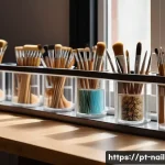 Home 20 네일아트 도구 정리 및 보관 방법 - A well-lit, organized nail art workspace featuring vertical brush holders with multiple compartments...
