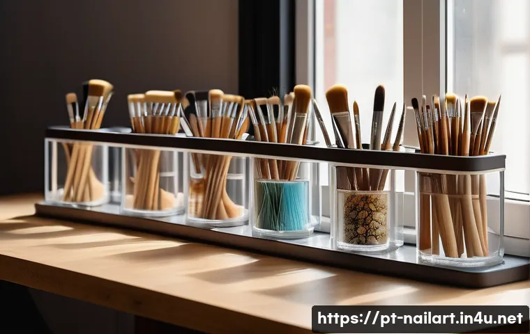 네일아트 도구 정리 및 보관 방법 - A well-lit, organized nail art workspace featuring vertical brush holders with multiple compartments...