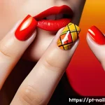 Home 19 네일아트 디자인의 심리적 효과 - A close-up of a female hand with well-manicured nails painted in vibrant red, orange, and yellow hue...