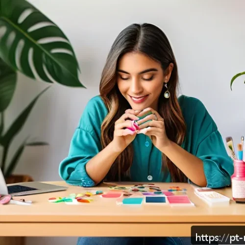 Home 30 네일아티스트들의 온라인 커뮤니티 추천 - A vibrant Instagram nail artist workspace scene, featuring a young Brazilian woman in casual chic at...