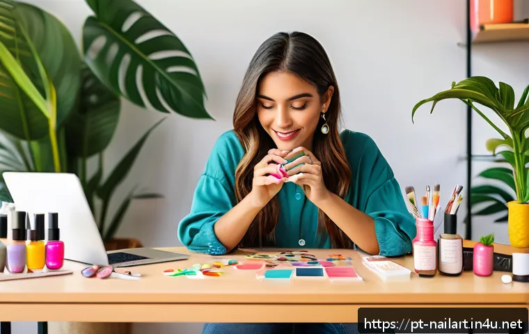 네일아티스트들의 온라인 커뮤니티 추천 - A vibrant Instagram nail artist workspace scene, featuring a young Brazilian woman in casual chic at...