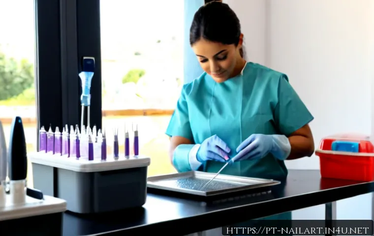 Home 17 네일아트 소독과 위생 관리 팁 - Photorealistic close-up of a professional nail technician wearing clean disposable gloves, carefully...